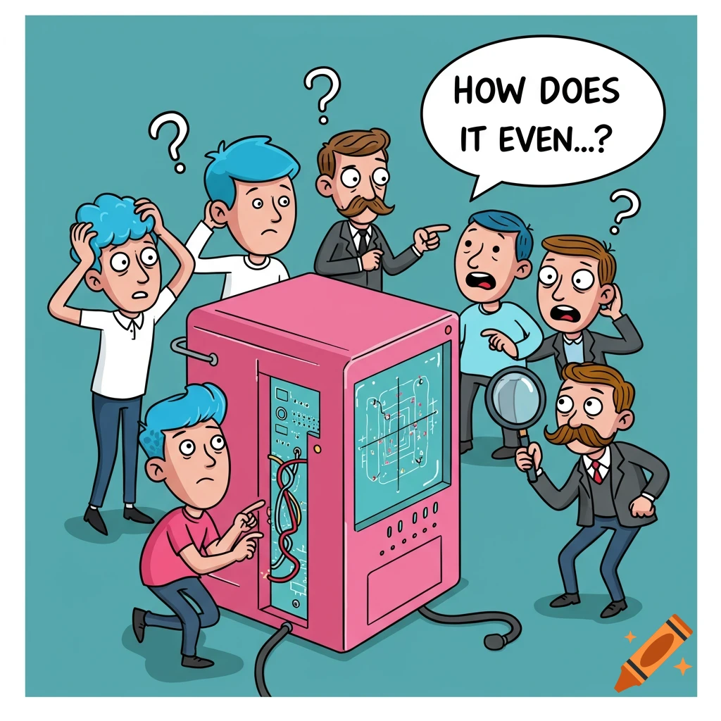 Cartoon of puzzled people looking at a complex pink computer with a thought bubble.