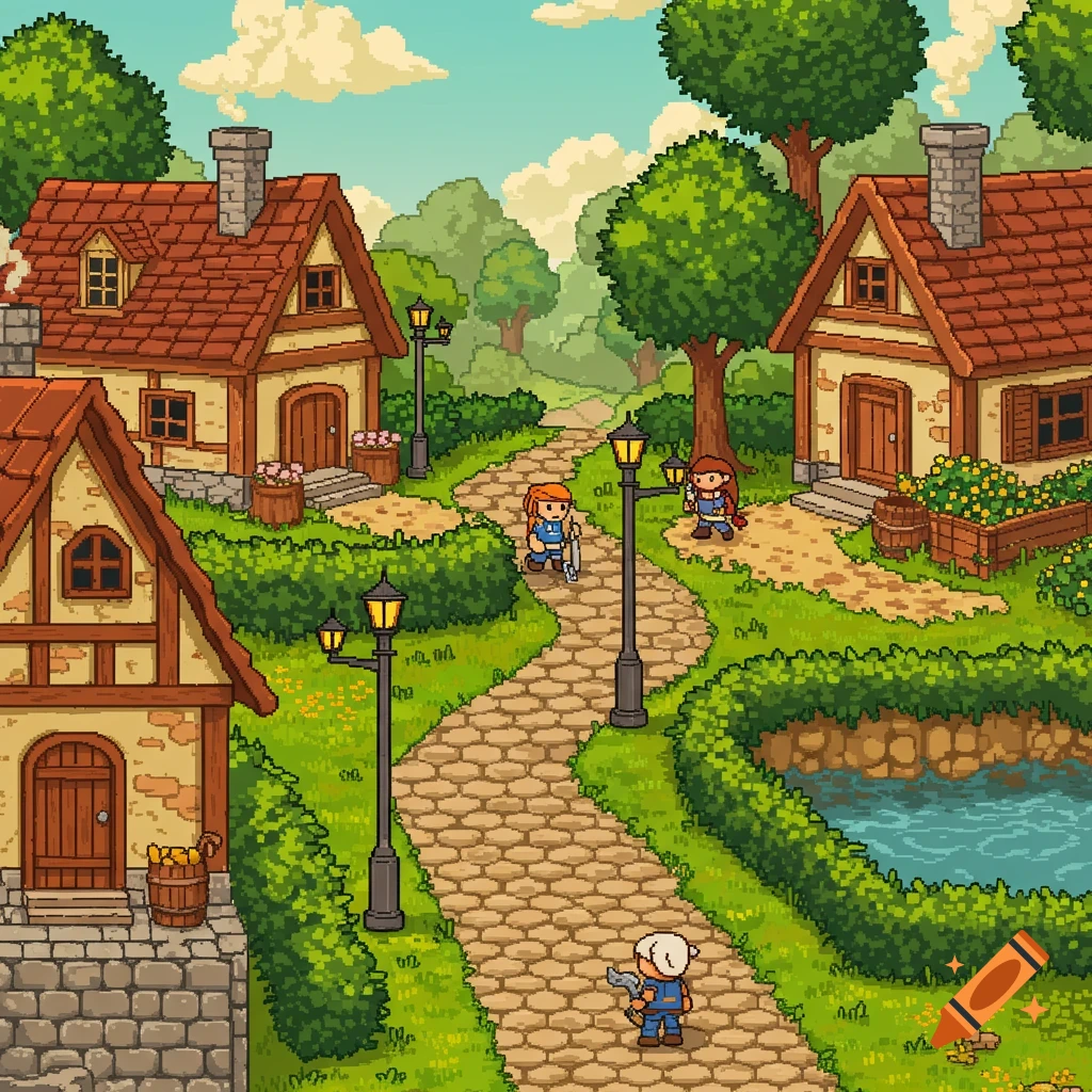 Pixel art view of a village with houses, path, pond, and small figures.
