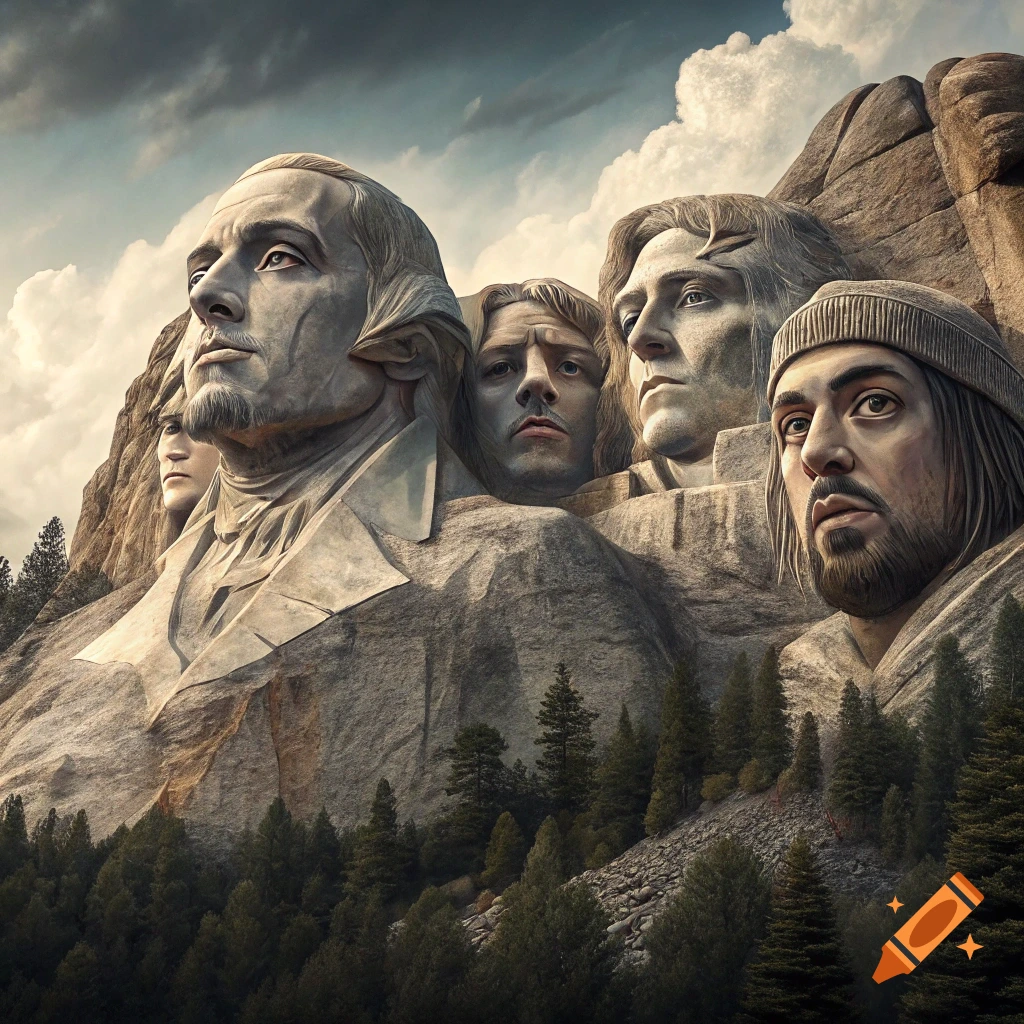 Stone carvings of four faces on a mountain, like Mount Rushmore, with trees in foreground.