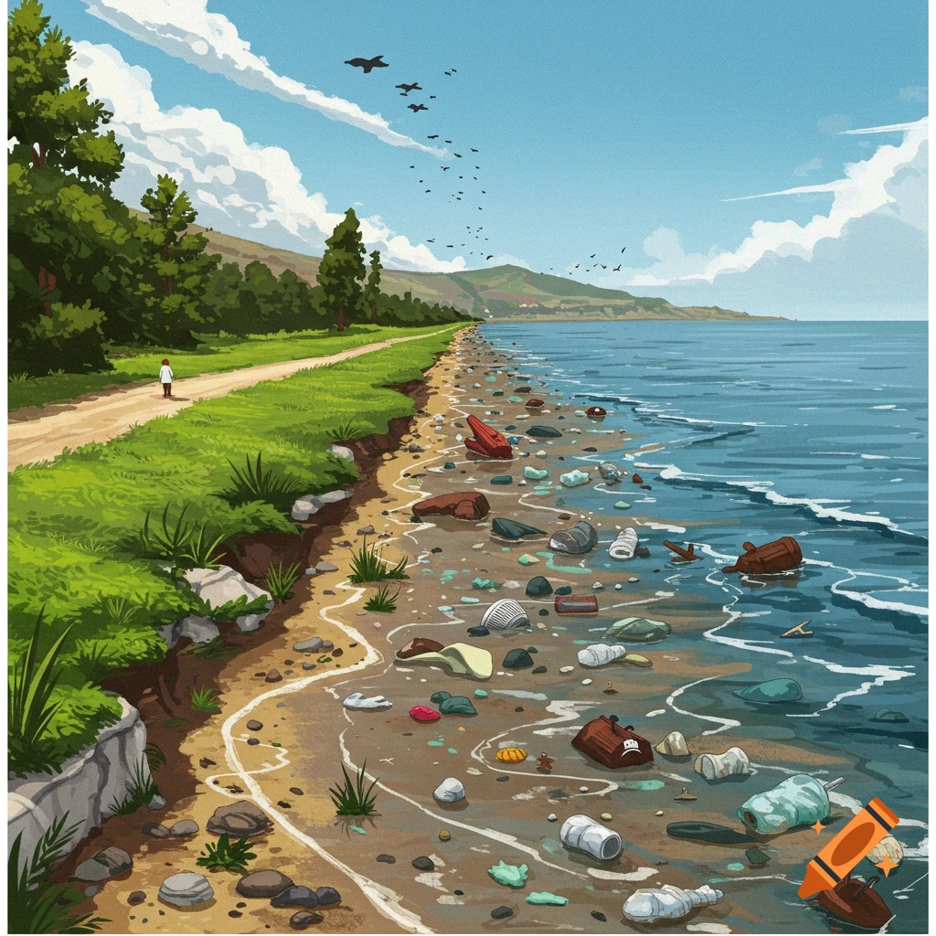 A heavily polluted beach next to a grassy path where a person walks. The ocean is filled with trash under a cloudy sky.
