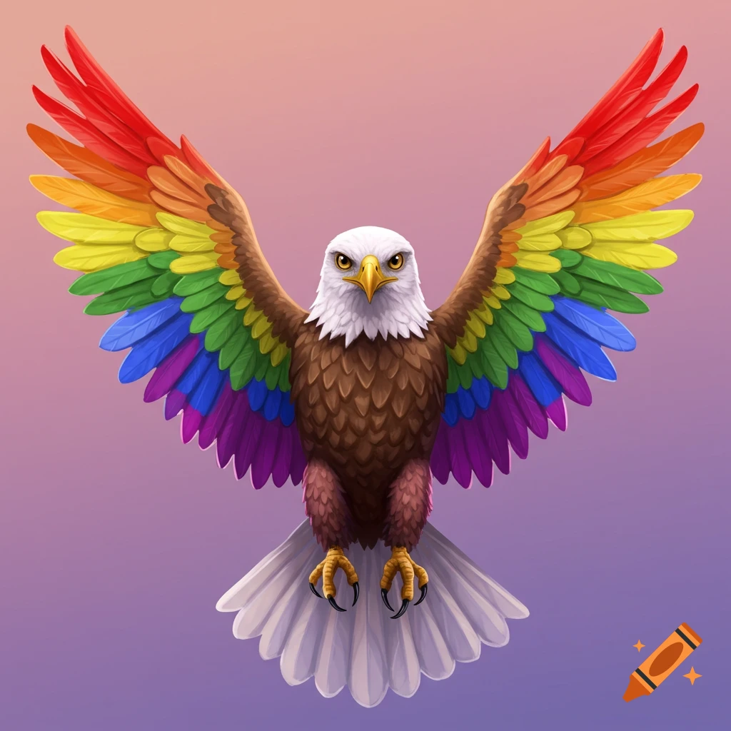 A stylized image of a bald eagle with outstretched rainbow-colored wings.