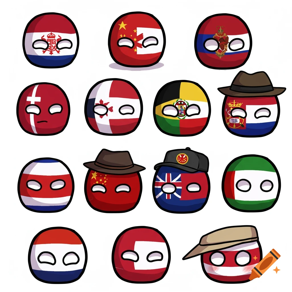 A collection of cartoon countryball characters, some wearing hats, against a white background.