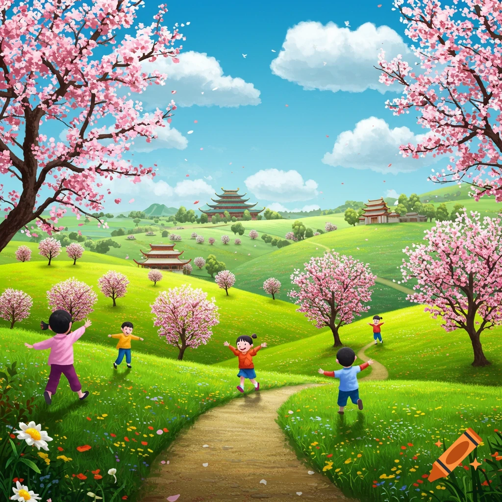 Children playing on a path in a spring landscape with cherry blossom trees and traditional buildings