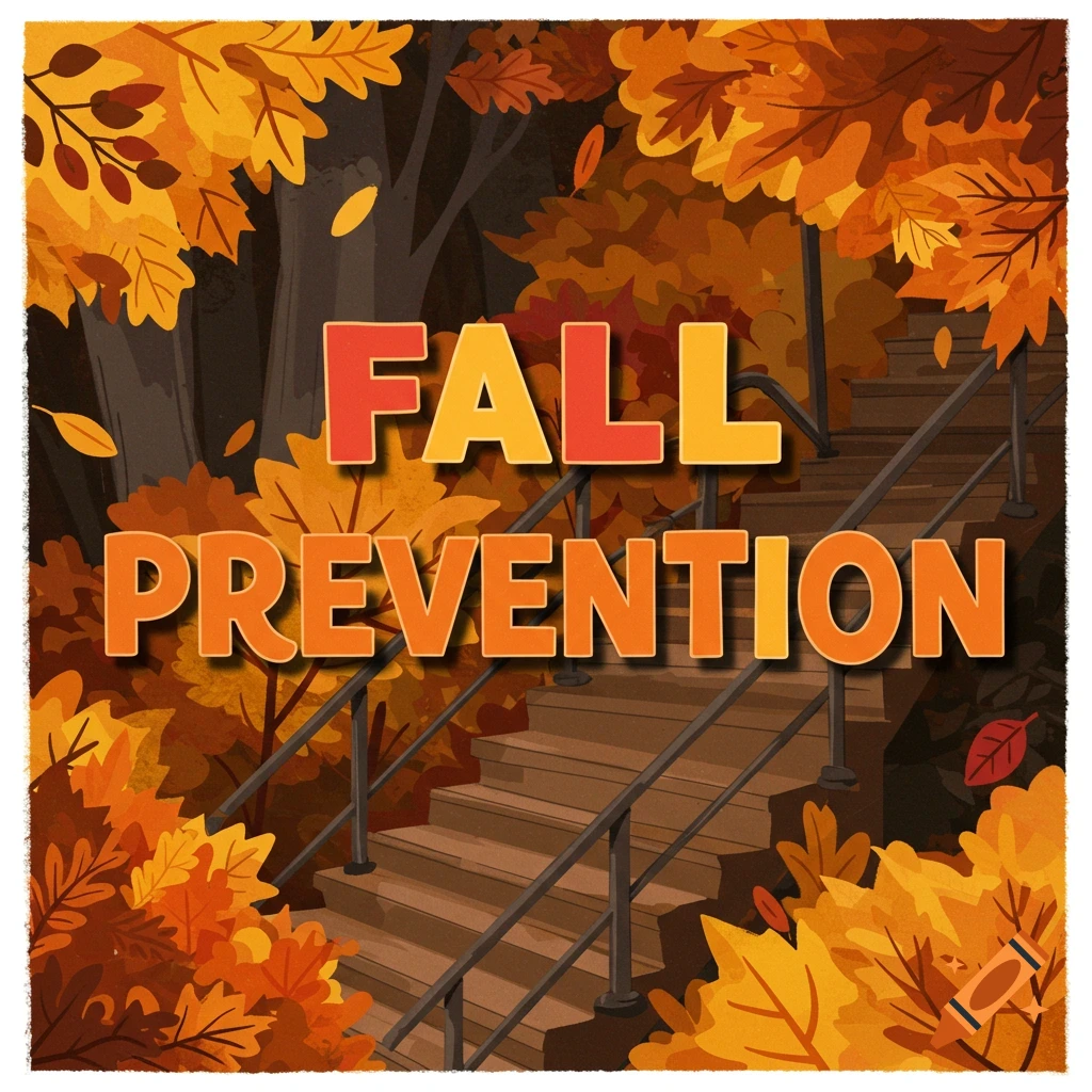 A staircase surrounded by fall leaves with 'FALL PREVENTION' text.