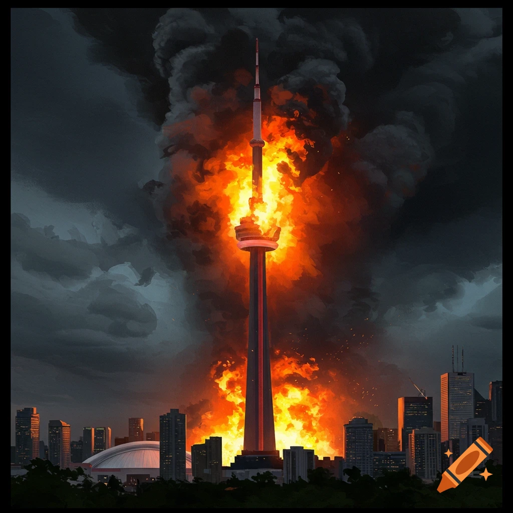The CN Tower is burning amidst smoke over a city skyline.