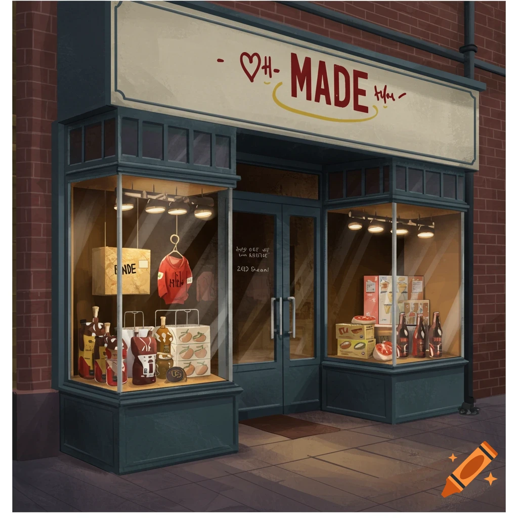 A storefront at night.
