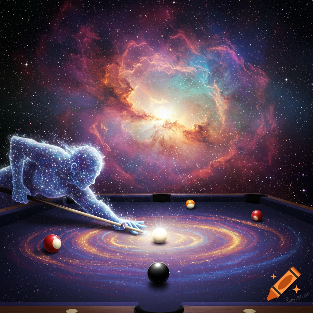 A cosmic figure made of stars plays billiards on a pool table containing a galaxy.
