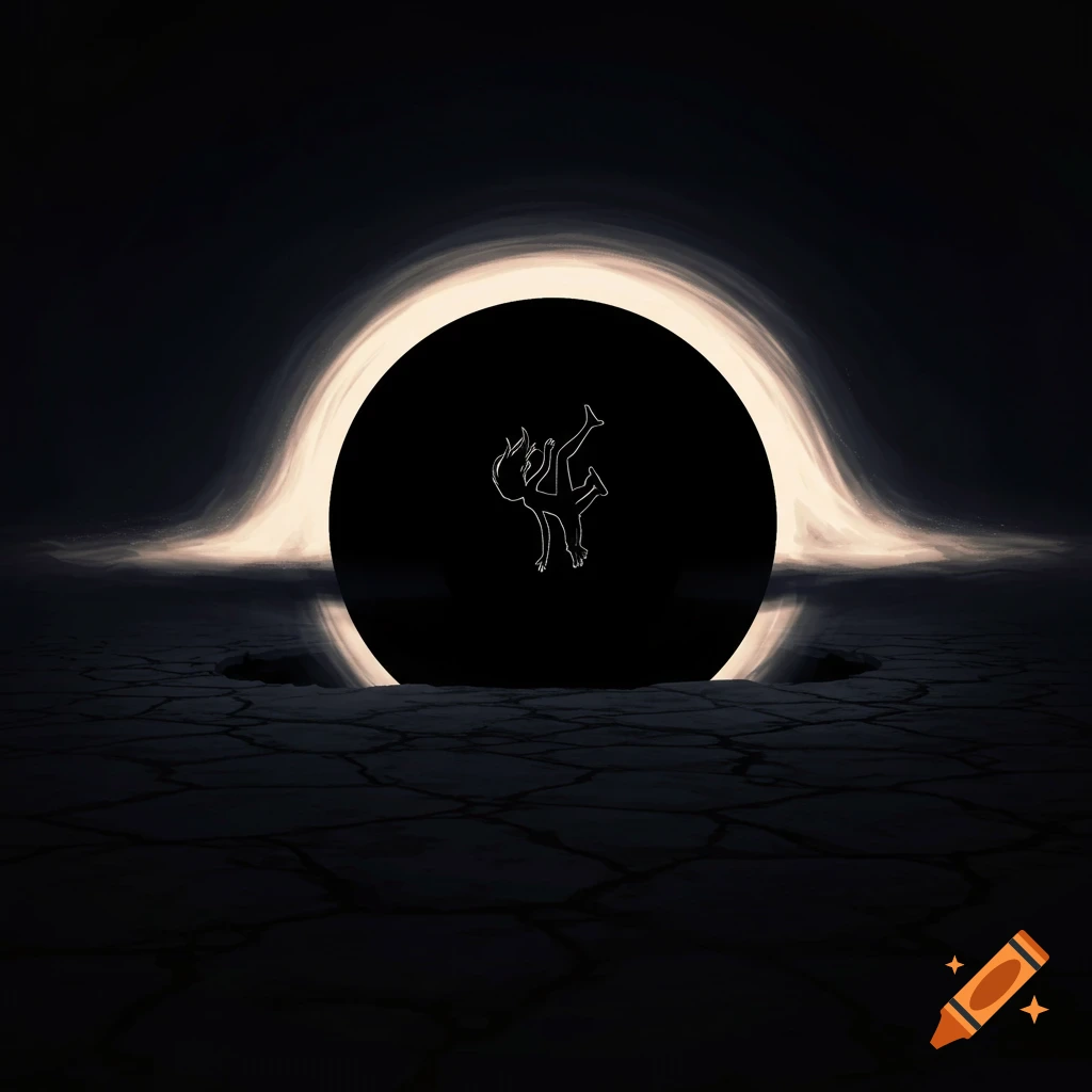 A white outline figure falls into a giant black hole above cracked ground.