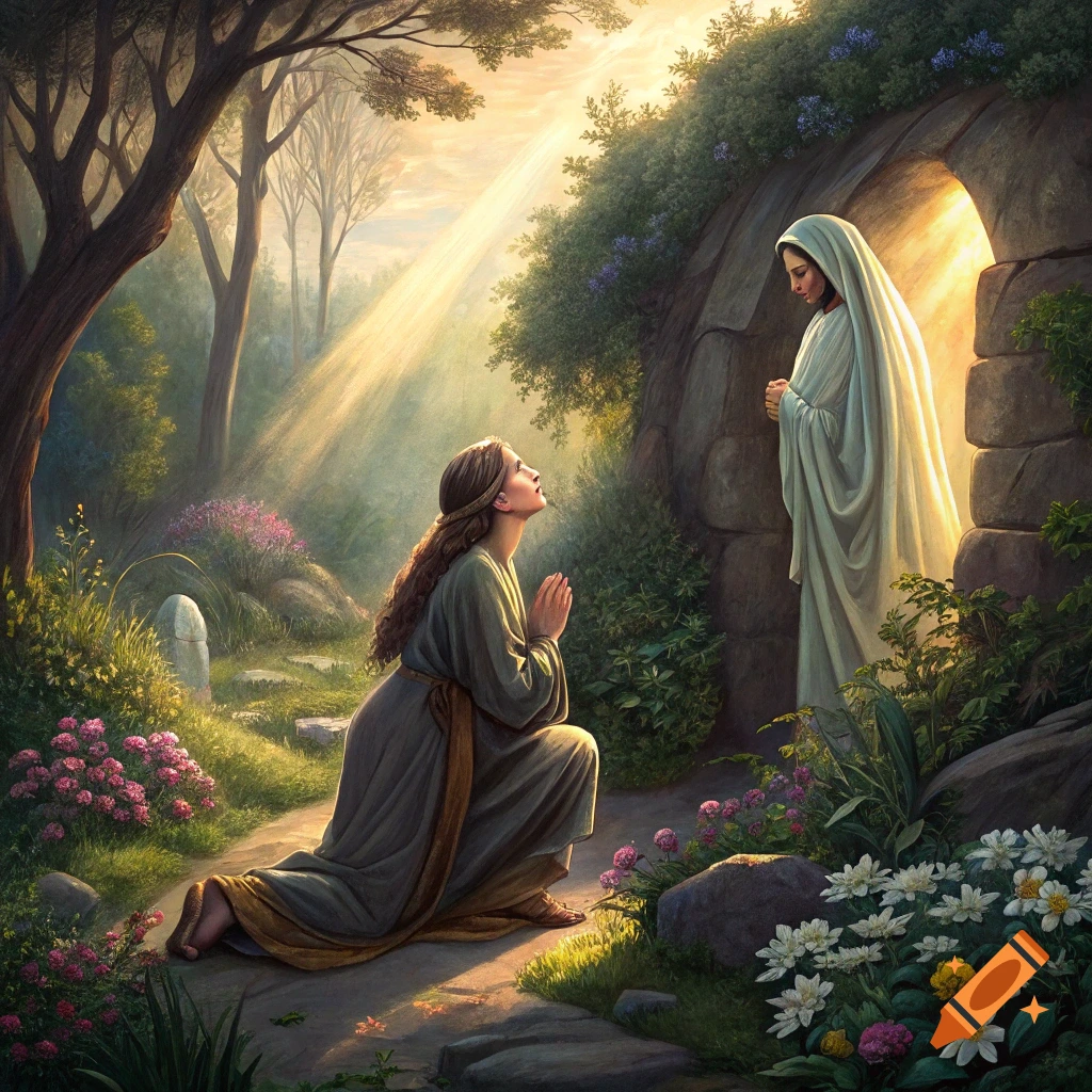 A woman kneels in a garden outside a tomb entrance, looking up at a robed figure illuminated by golden light.