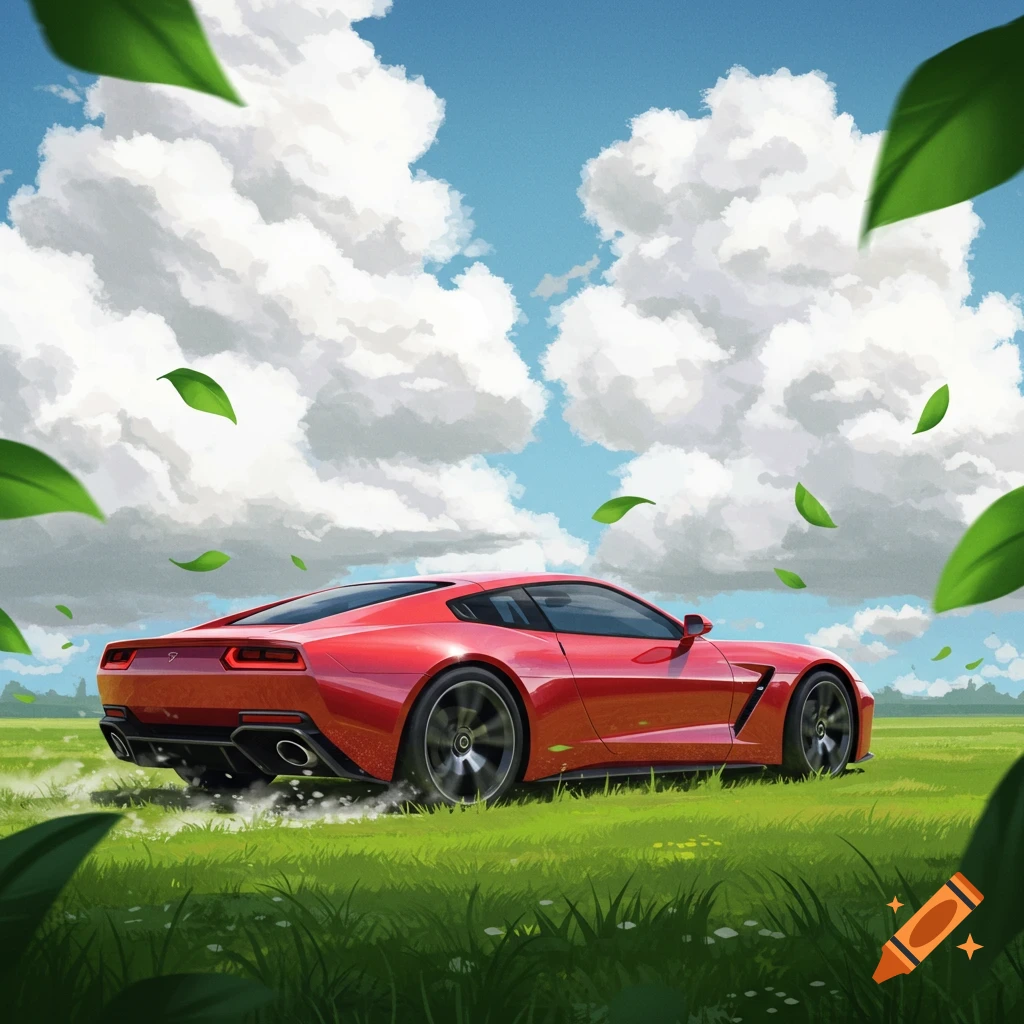 A red sports car drives through a grassy field under a cloudy sky with leaves blowing.