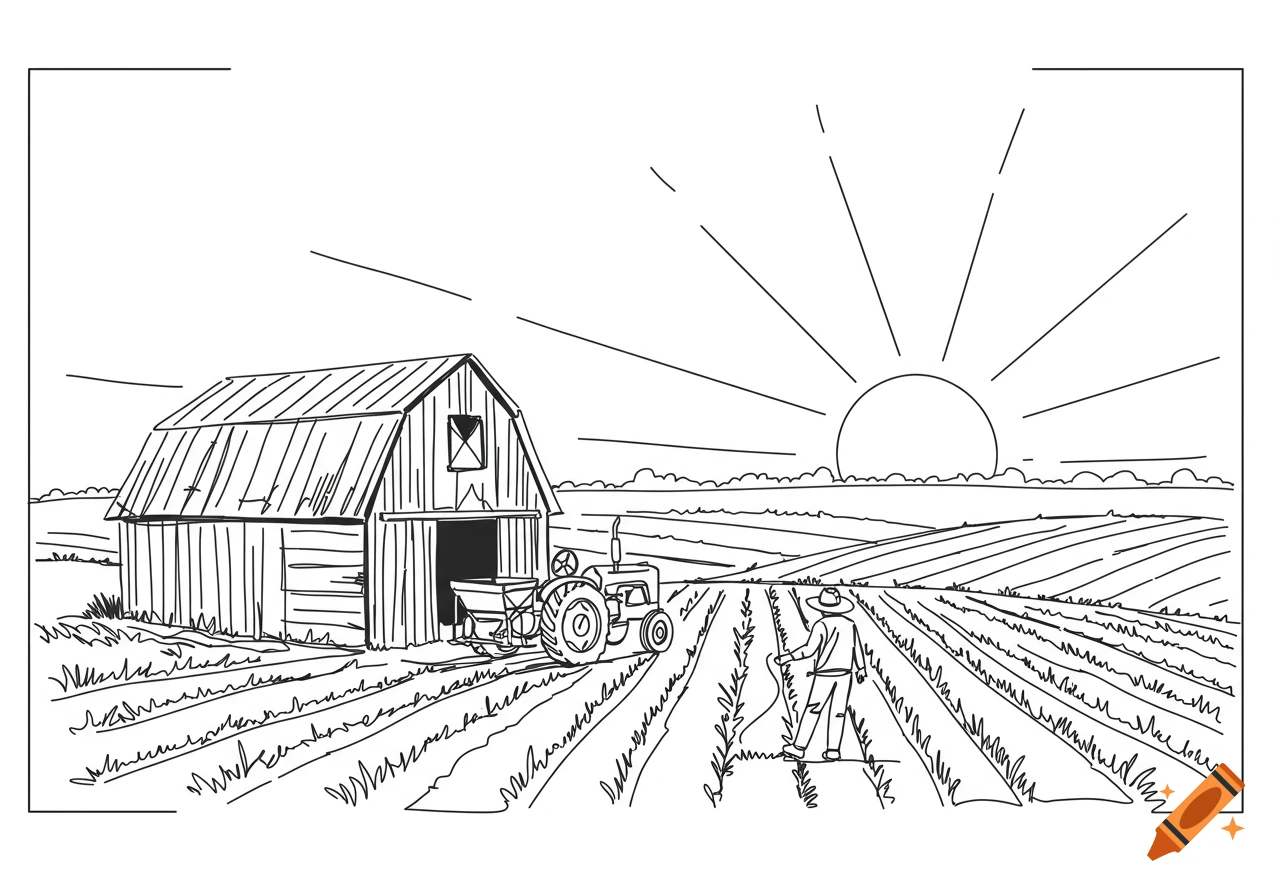 A black and white line drawing of a farm scene with a barn, tractor, farmer in a field, and a sunrise over hills.