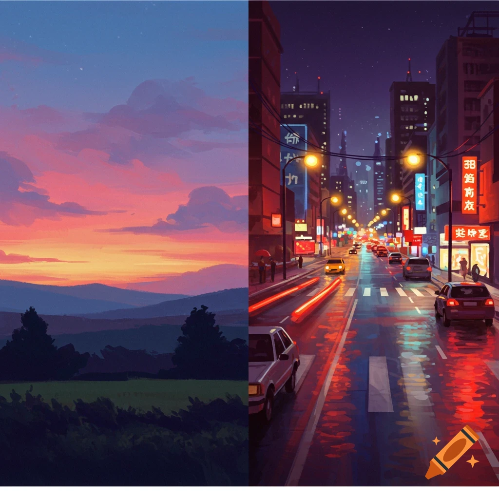 Sunset landscape next to a rainy night cityscape with cars.
