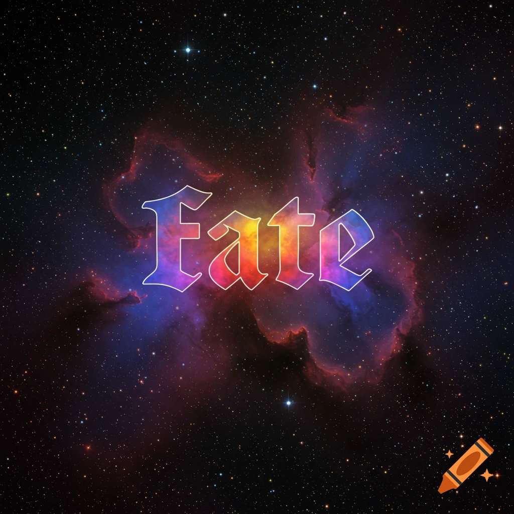 The word Fate floating in space with a colorful nebula and stars in the background.
