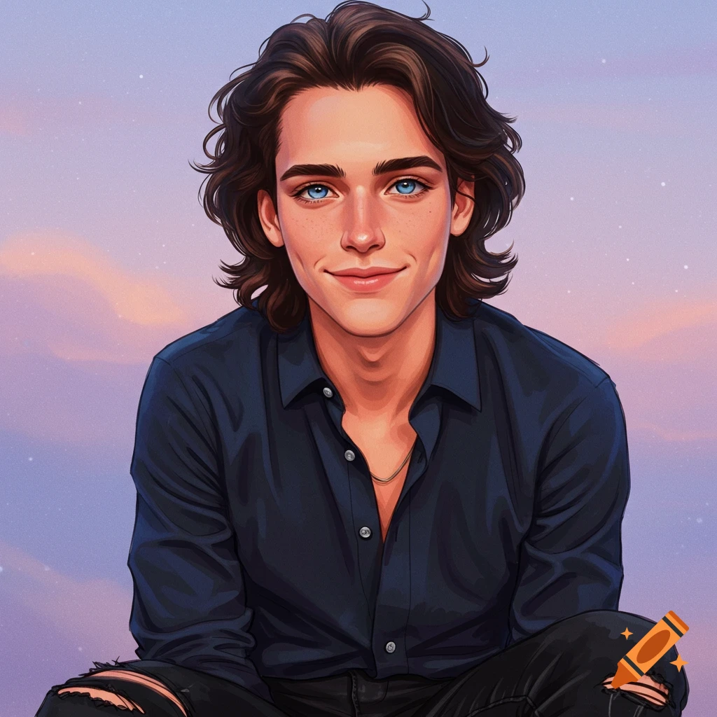 A portrait of a young man with long brown hair and blue eyes, smiling against a sky background.