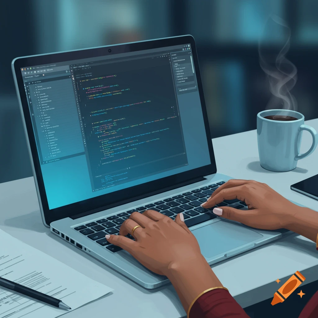 Hands typing code on a laptop screen next to a steaming mug.