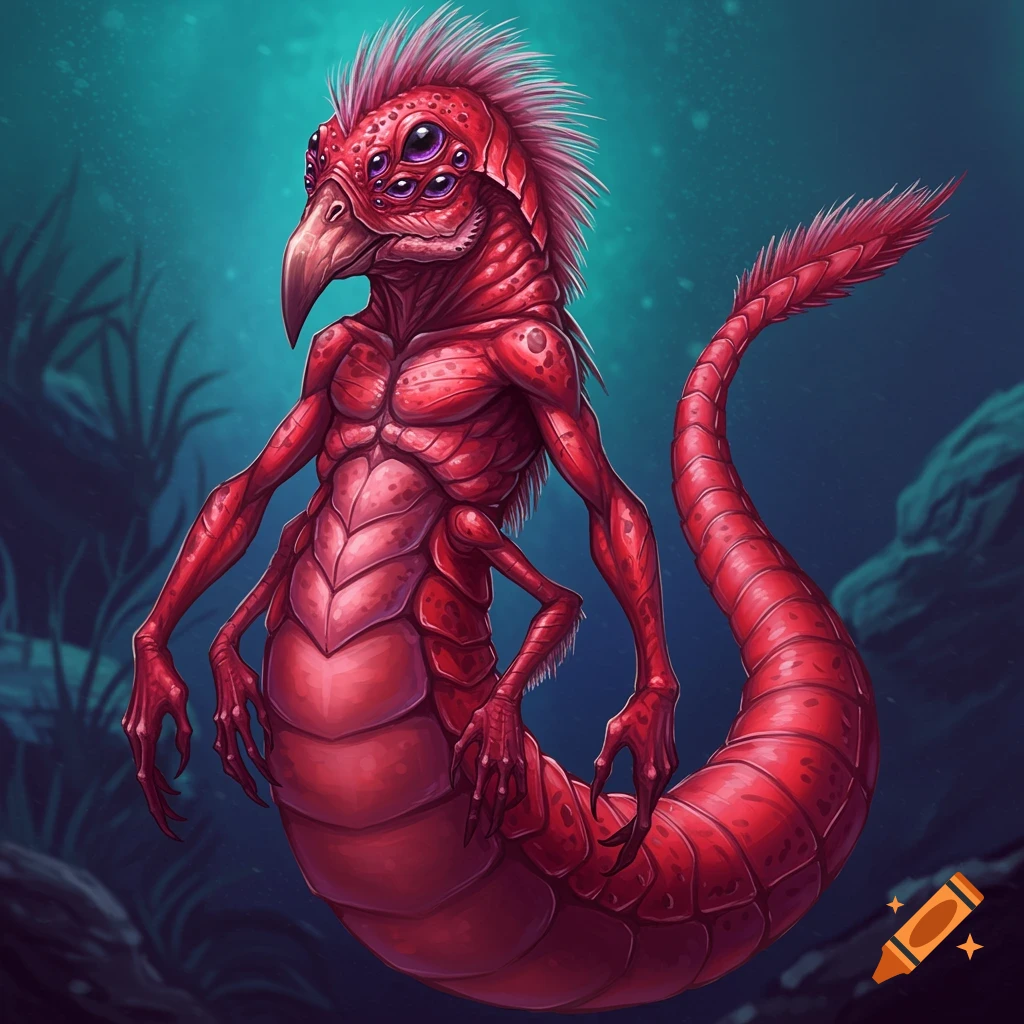 A red alien creature with multiple eyes and limbs underwater.