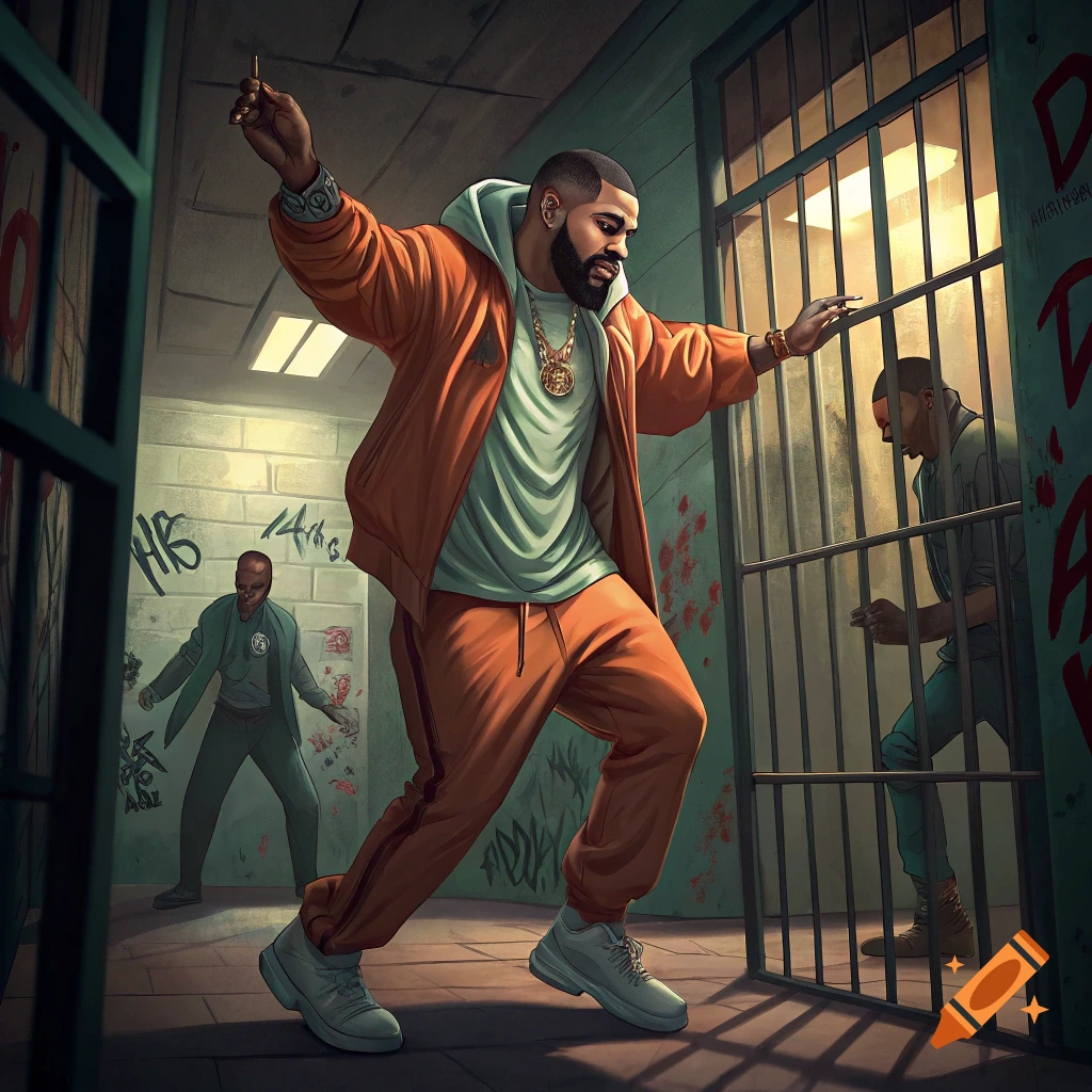 Stylized illustration of a figure resembling Drake dancing energetically in a prison hallway near cell bars.