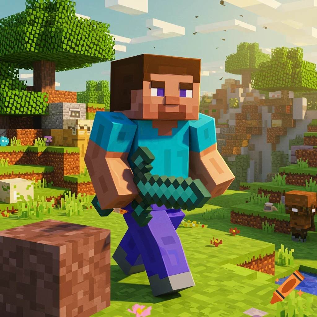 Steve from Minecraft is in a lush blocky landscape, holding a diamond sword.