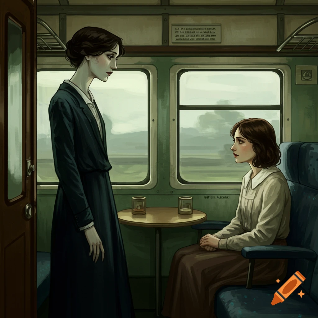 Two women in older clothing sitting and standing in a train compartment.