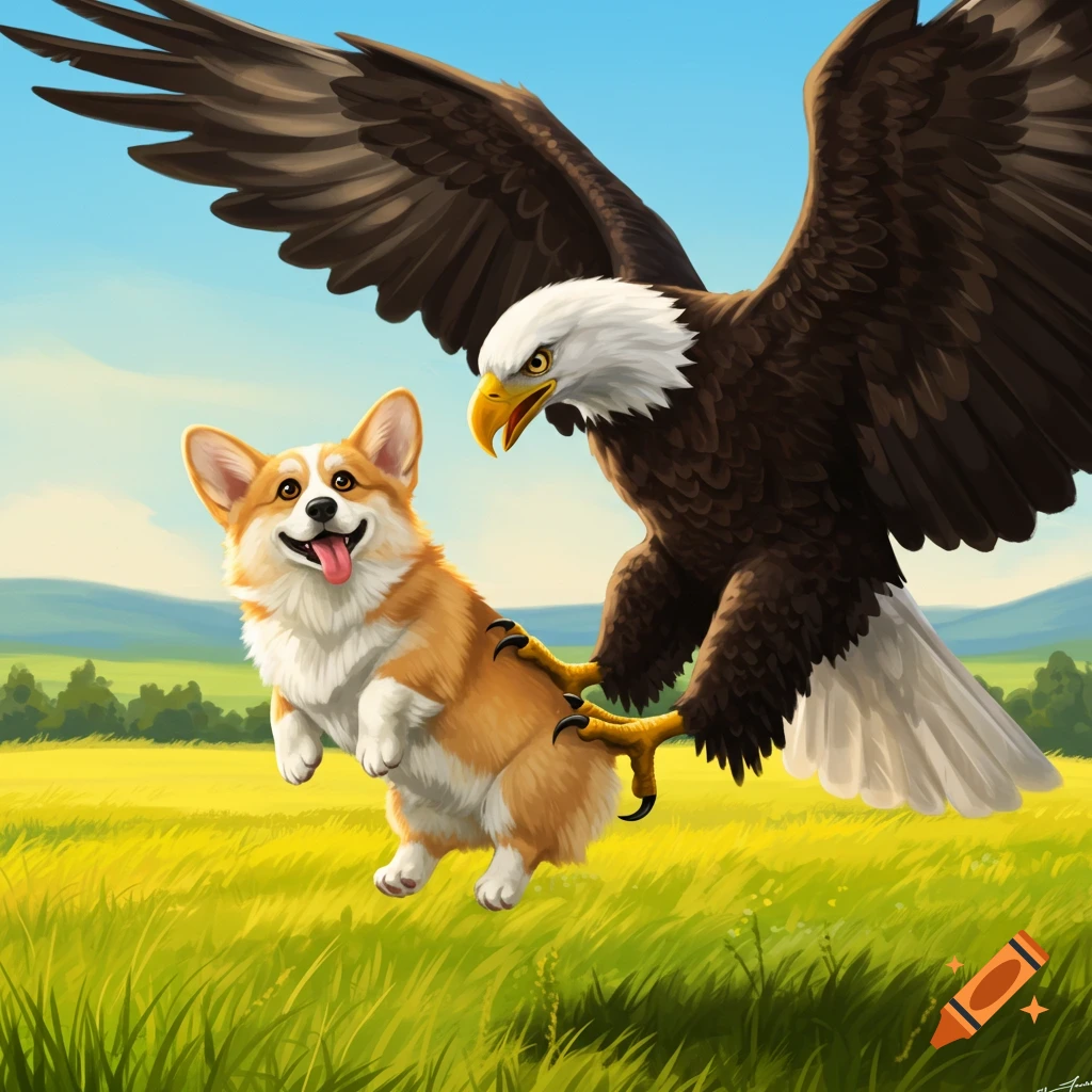 An eagle flying with a corgi over a field.