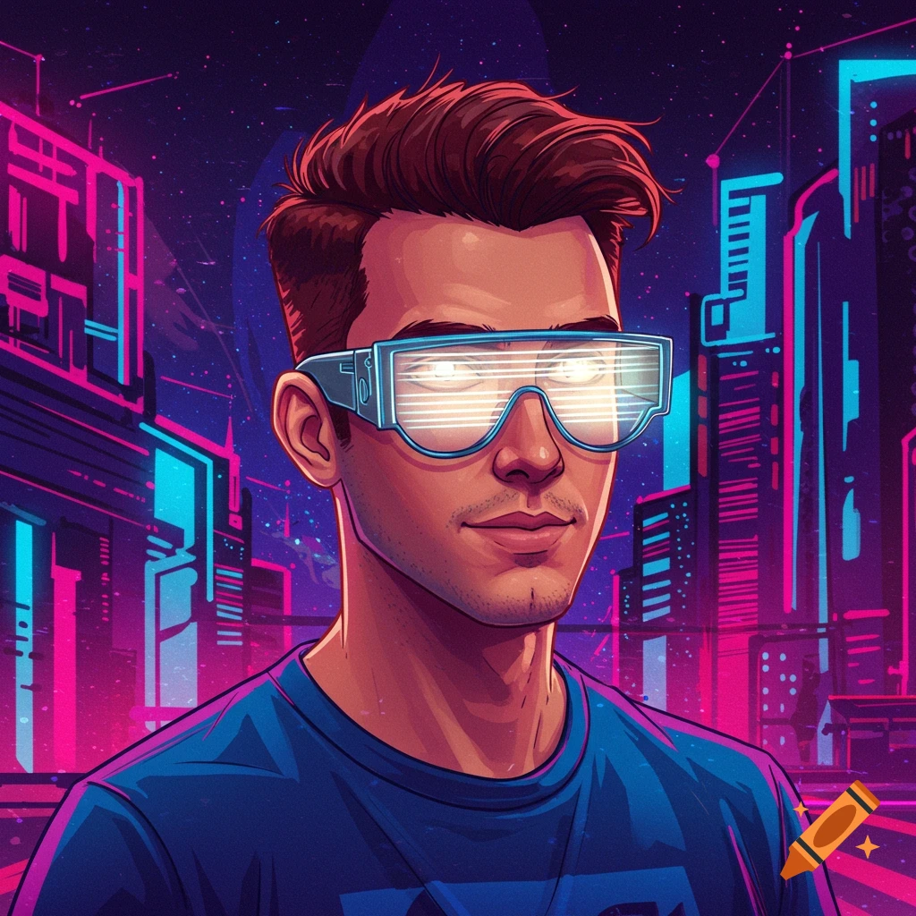 A person wearing futuristic glasses in a neon cyberpunk city.