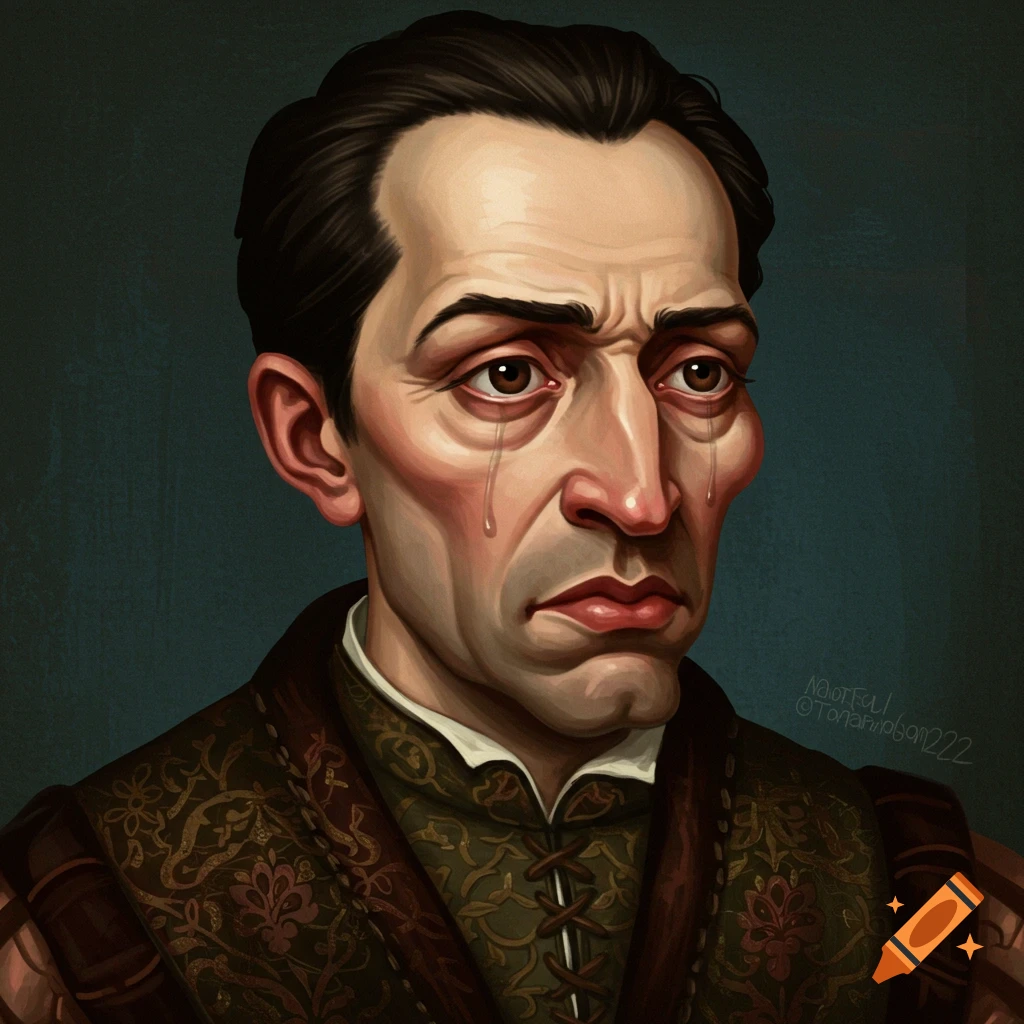 A stylized depiction of a man's head and shoulders, with tears streaming down his cheeks. He has dark hair and is wearing patterned historical clothing.