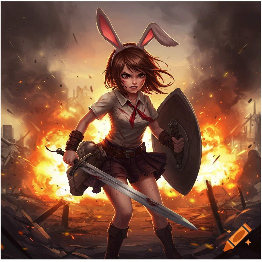 A girl with bunny ears, wearing a school uniform and wielding a sword and shield, stands amidst a burning war zone.
