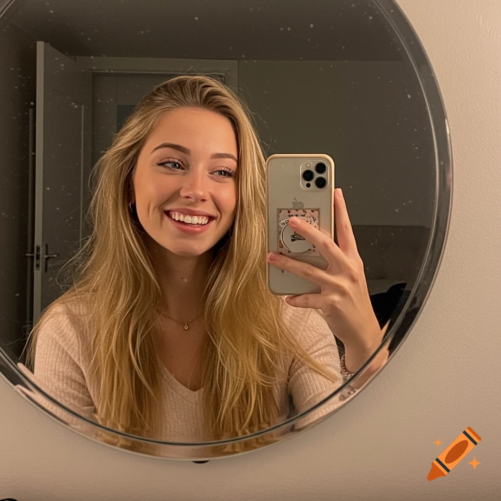  Blonde woman smiling in a mirror selfie with pink top on Craiyon