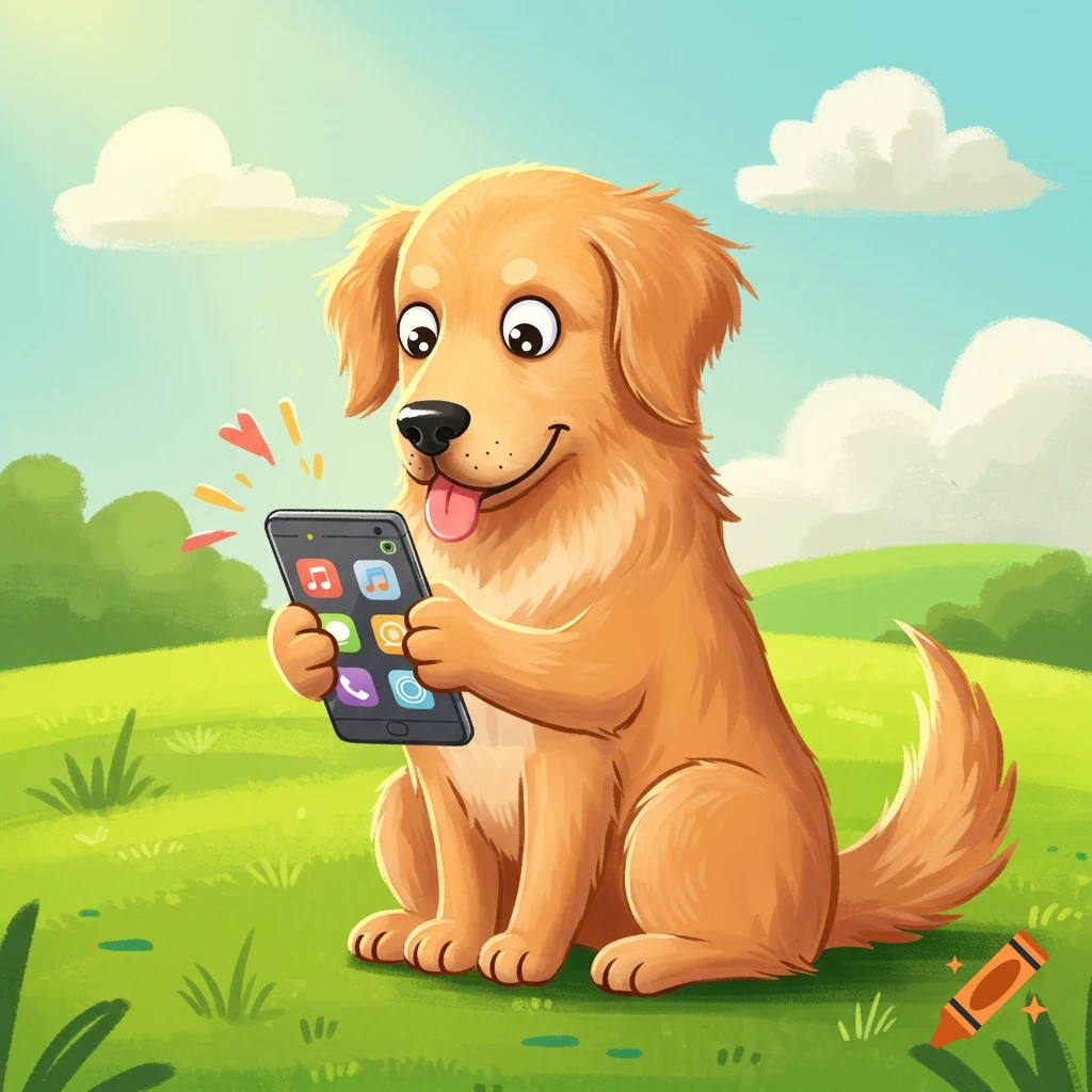 Cartoon golden retriever dog looking at a smartphone in a grassy field