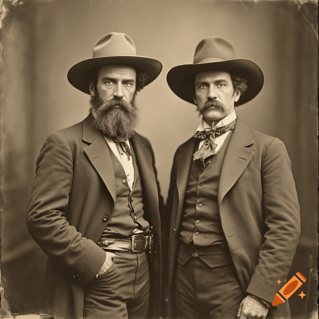Sepia photograph of two men in Western attire, one with a beard, the other with a mustache and bow tie.