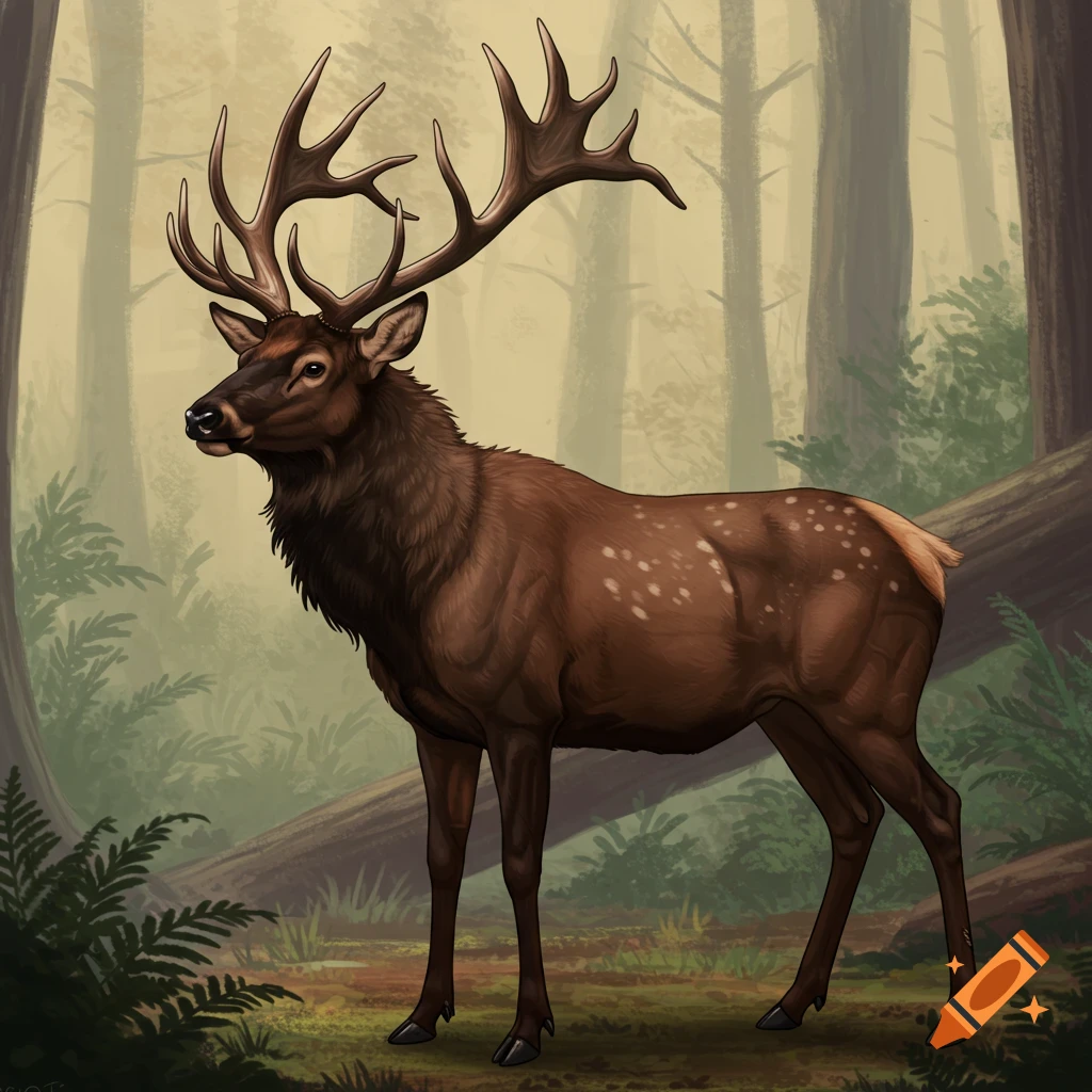 Large elk-like animal with impressive antlers standing in a forest.