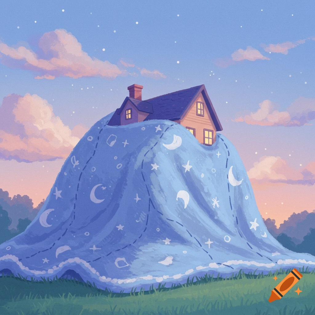 A house covered by a blue blanket with moon and star patterns in a grassy landscape.