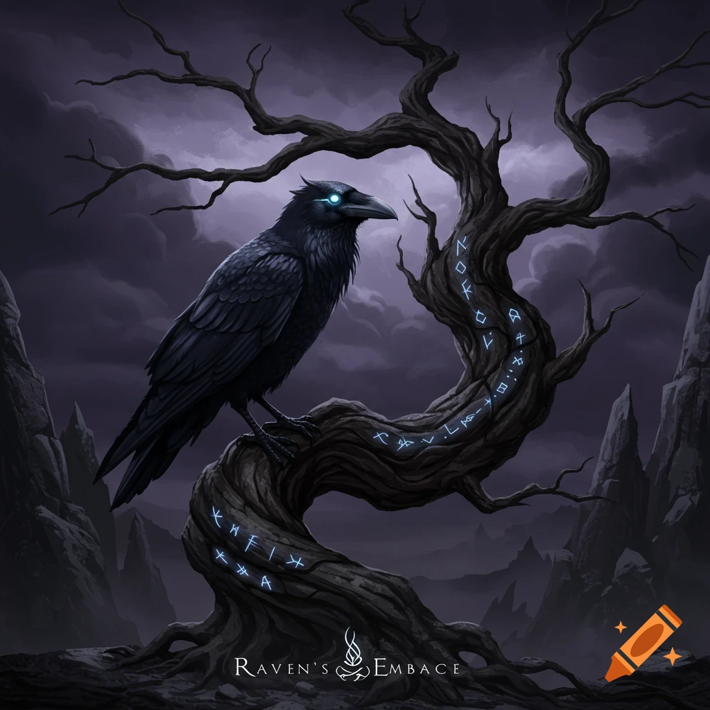 A black raven with glowing blue eyes sits on a twisted, gnarled tree branch covered in glowing blue runes. The background is a dark, cloudy sky and rocky landscape.