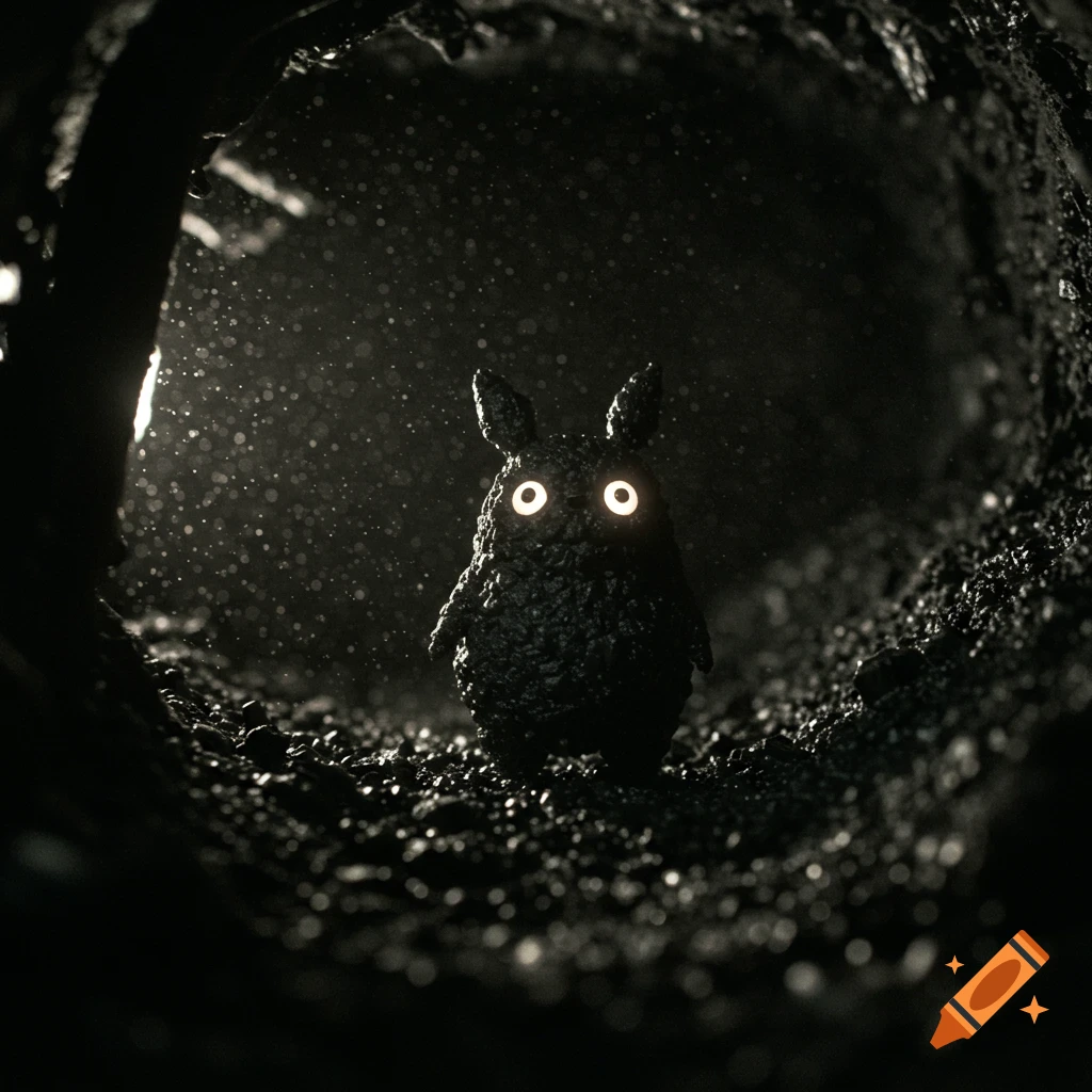A small, dark, furry creature with glowing white eyes stands in a dimly lit, textured tunnel or cavern.