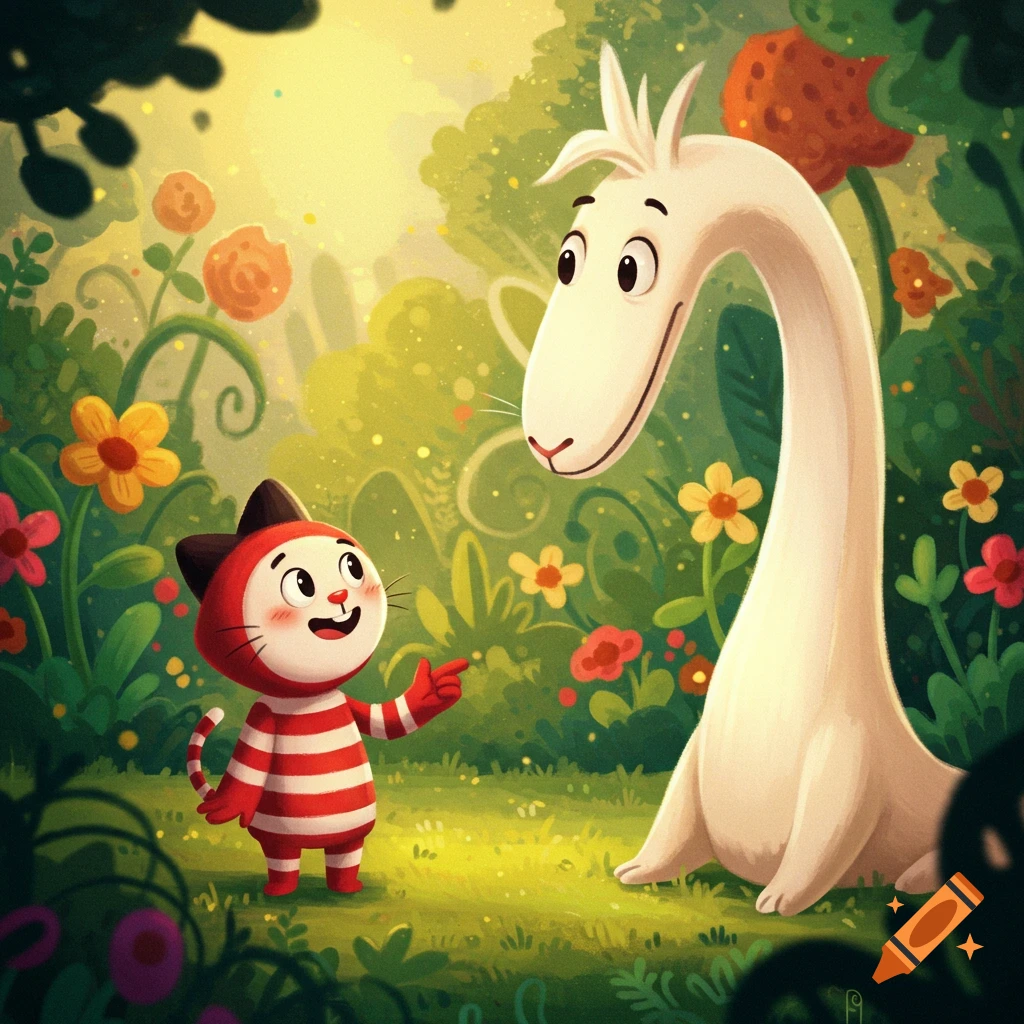 A cartoon cat talks to a tall, white creature in a bright forest.