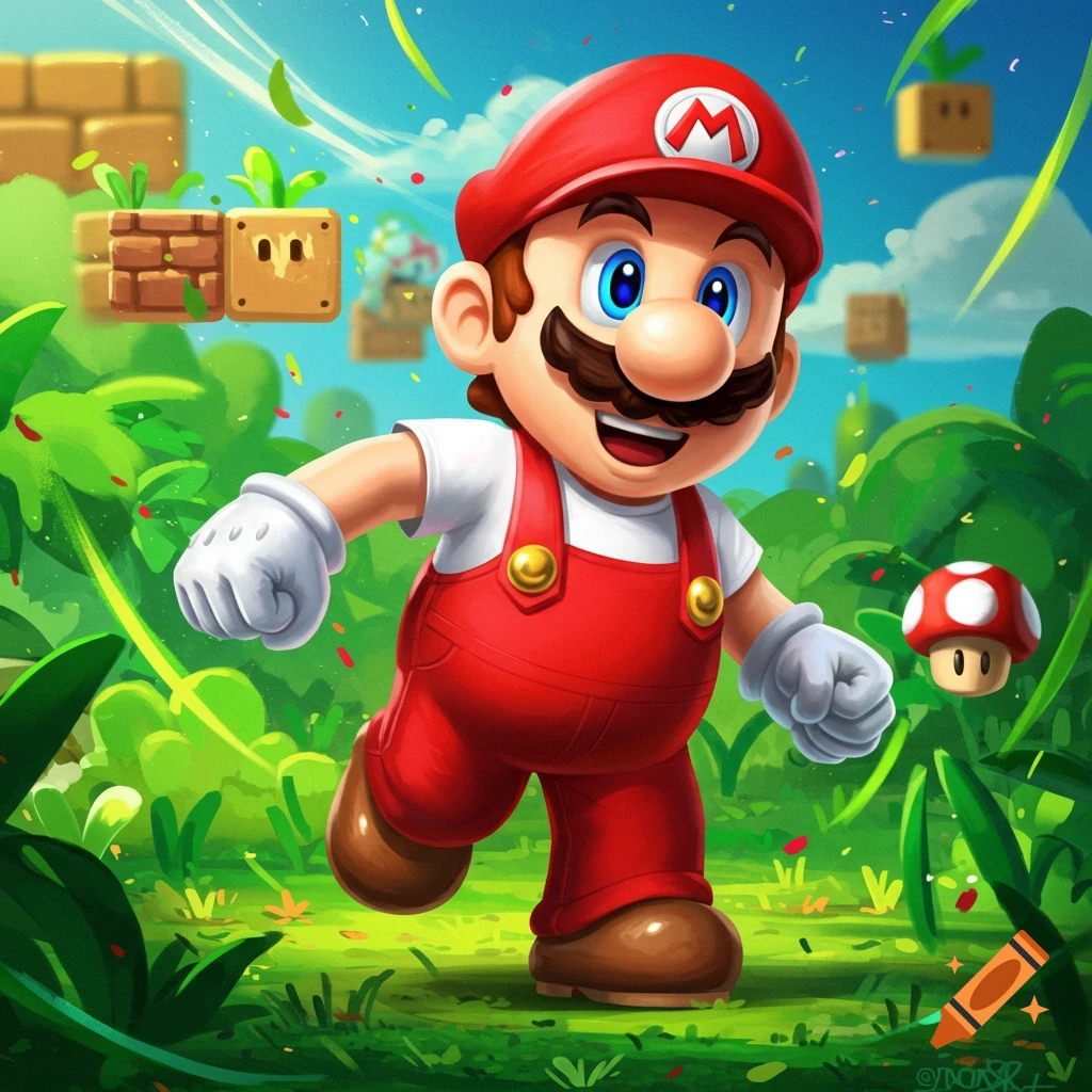 Mario running through a lush green video game level with blocks and a mushroom.