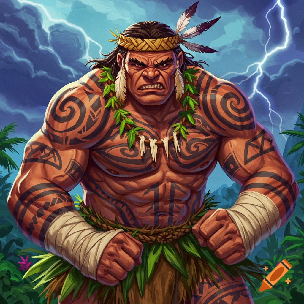 A muscular man with tribal tattoos glares intensely against a stormy jungle backdrop.