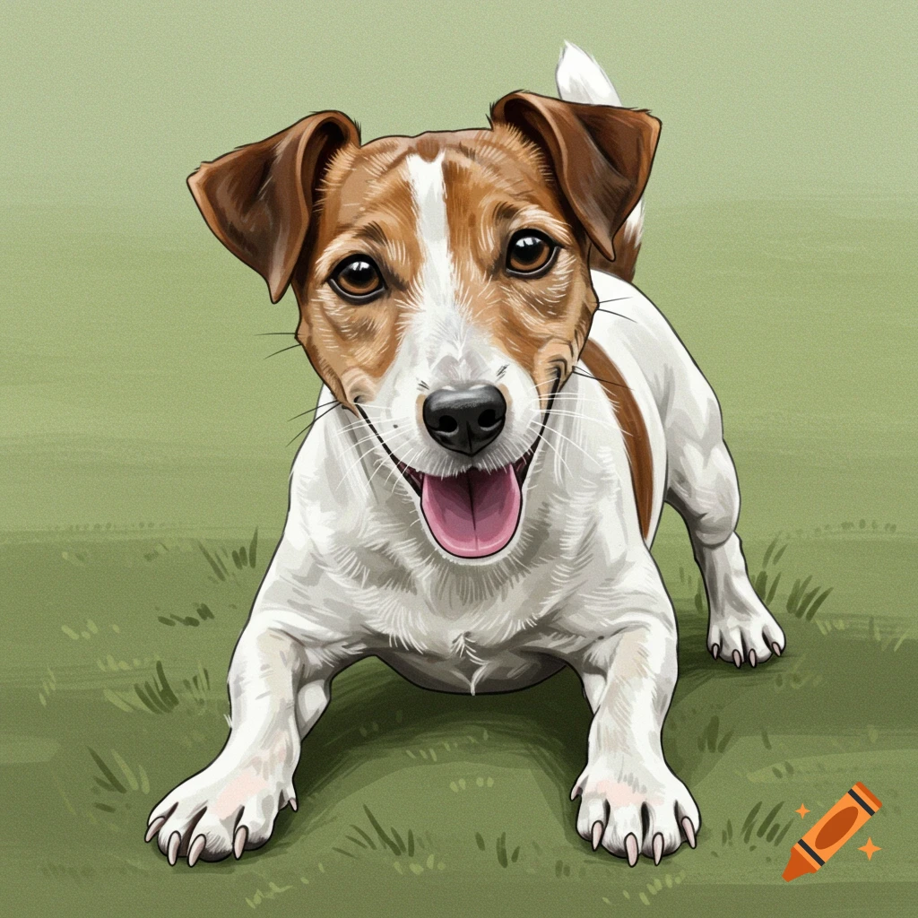 A happy Jack Russell terrier is in a play bow on the grass.