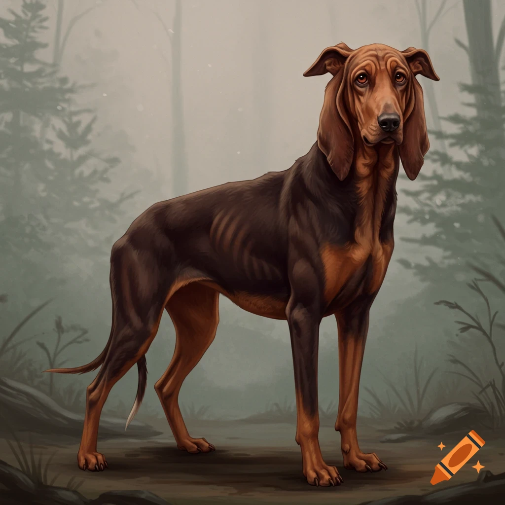 A brown dog standing in a misty forest.