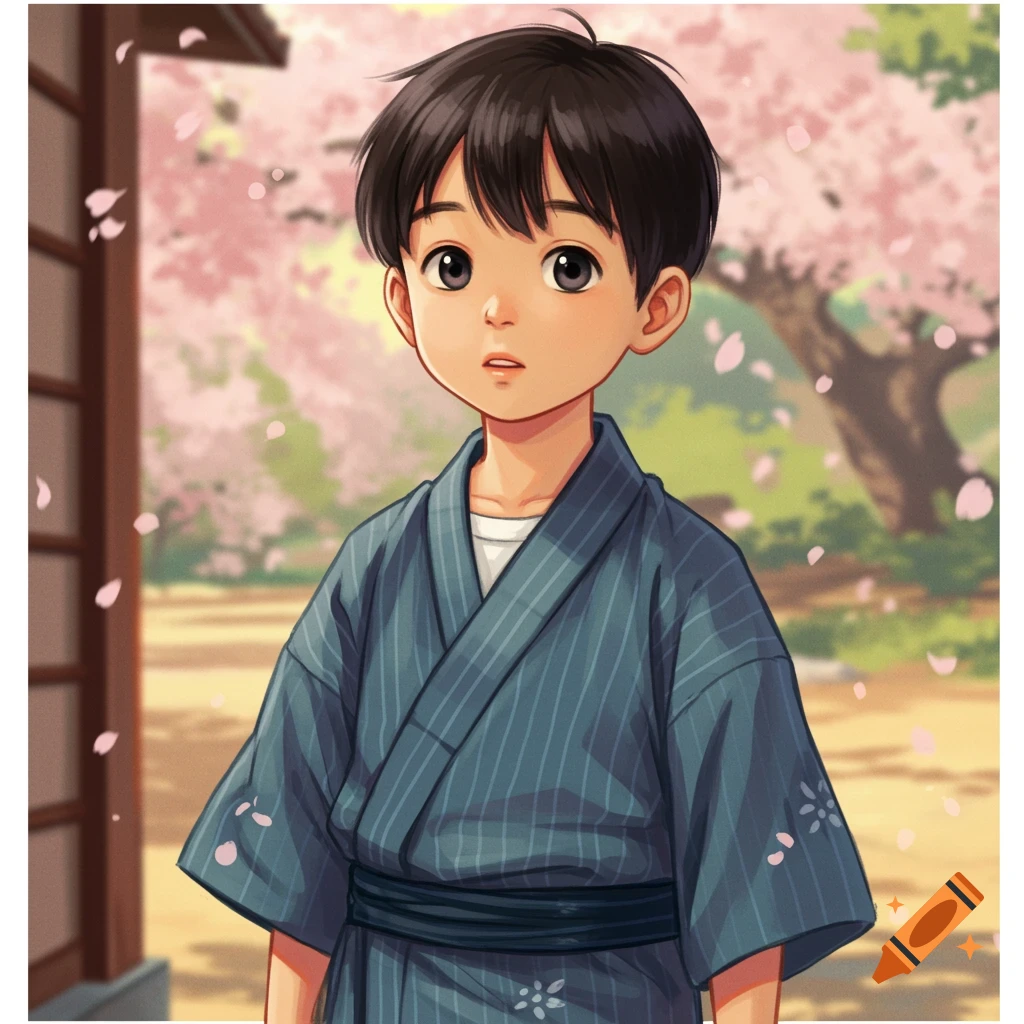 A young boy in a blue yukata stands among cherry blossoms in a 90s anime style.