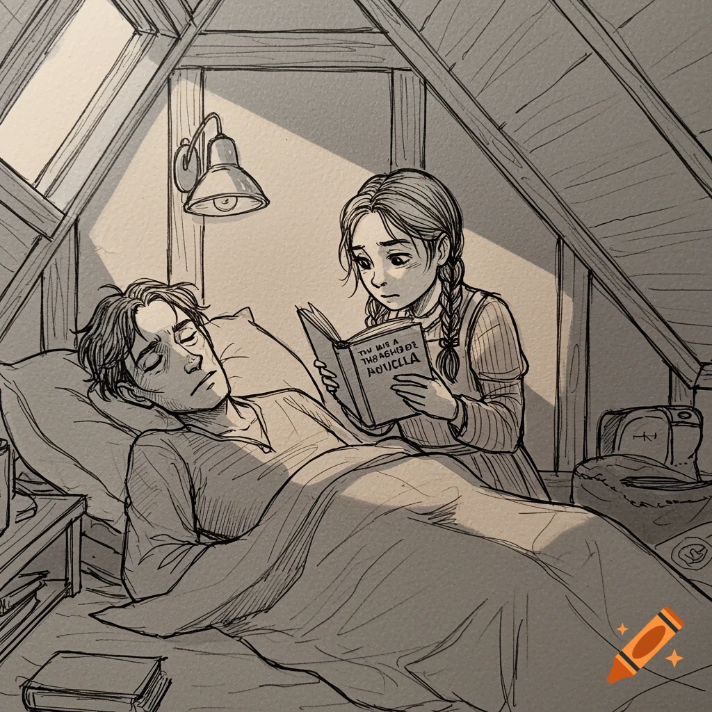 Sketchy drawing of a girl reading a book to a sleeping man in an attic room