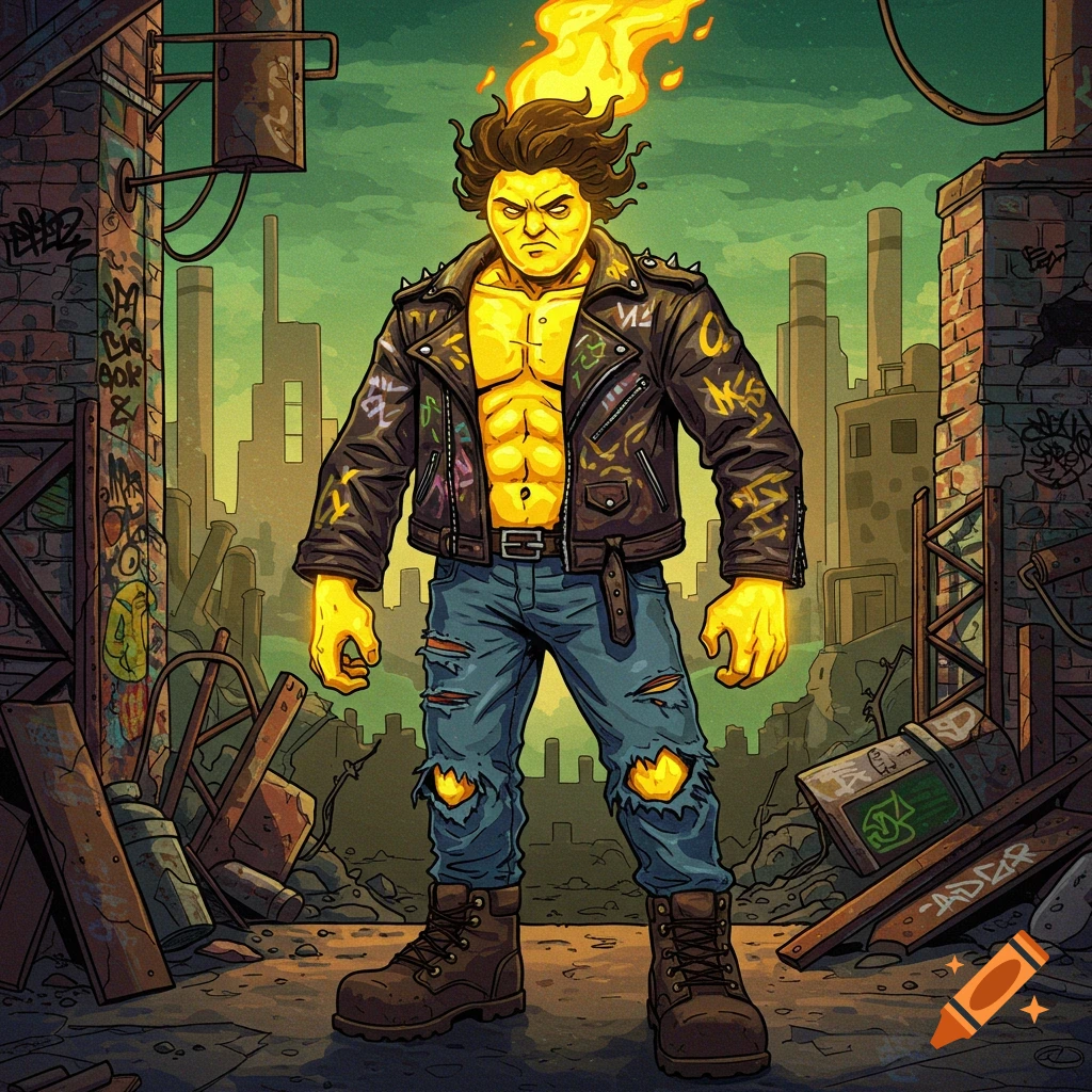 Stylized illustration of a character with a flaming head, leather jacket, and ripped jeans standing in a graffiti-covered alley.