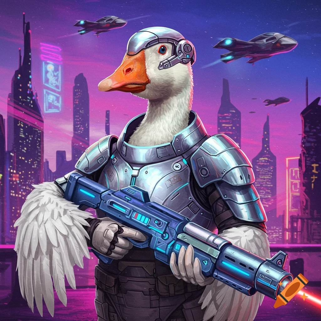 A goose in futuristic armored plating holding a laser rifle in a cyberpunk city with flying vehicles.