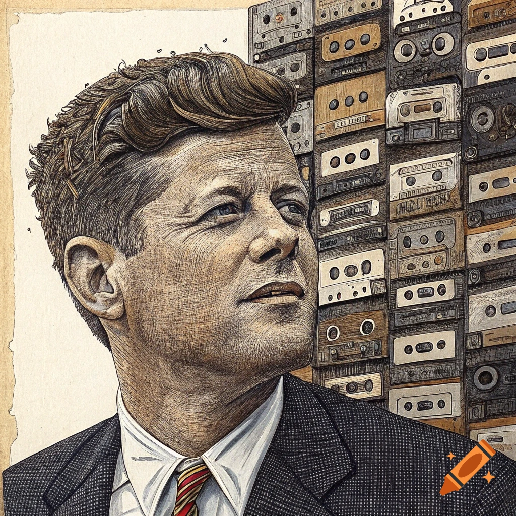 Scratchboard style portrait of JFK with a background of stacked cassette tapes.
