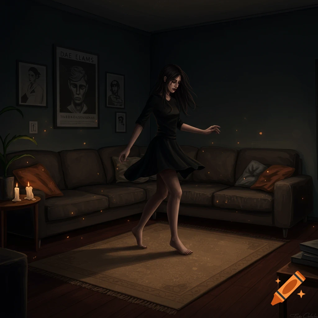 A woman is dancing alone in a dim living room.