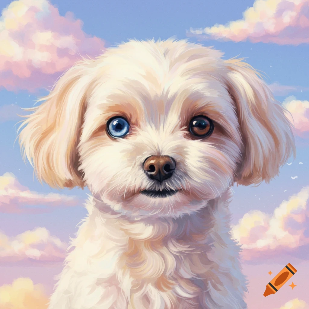 A white Maltipoo dog with one blue eye and one brown eye against a cloudy sky.