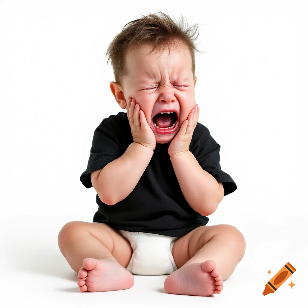 A crying baby sitting on the floor in a black t-shirt and diaper.