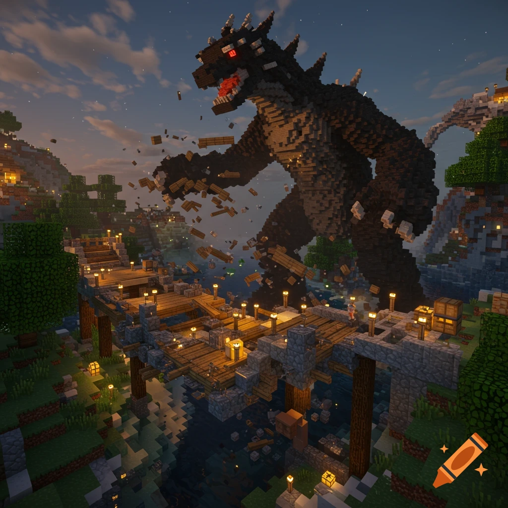 A giant Minecraft-style kaiju monster destroys a wooden bridge.
