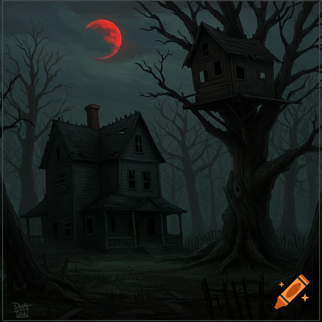 Dark image of a creepy house and treehouse under a red moon in a forest.