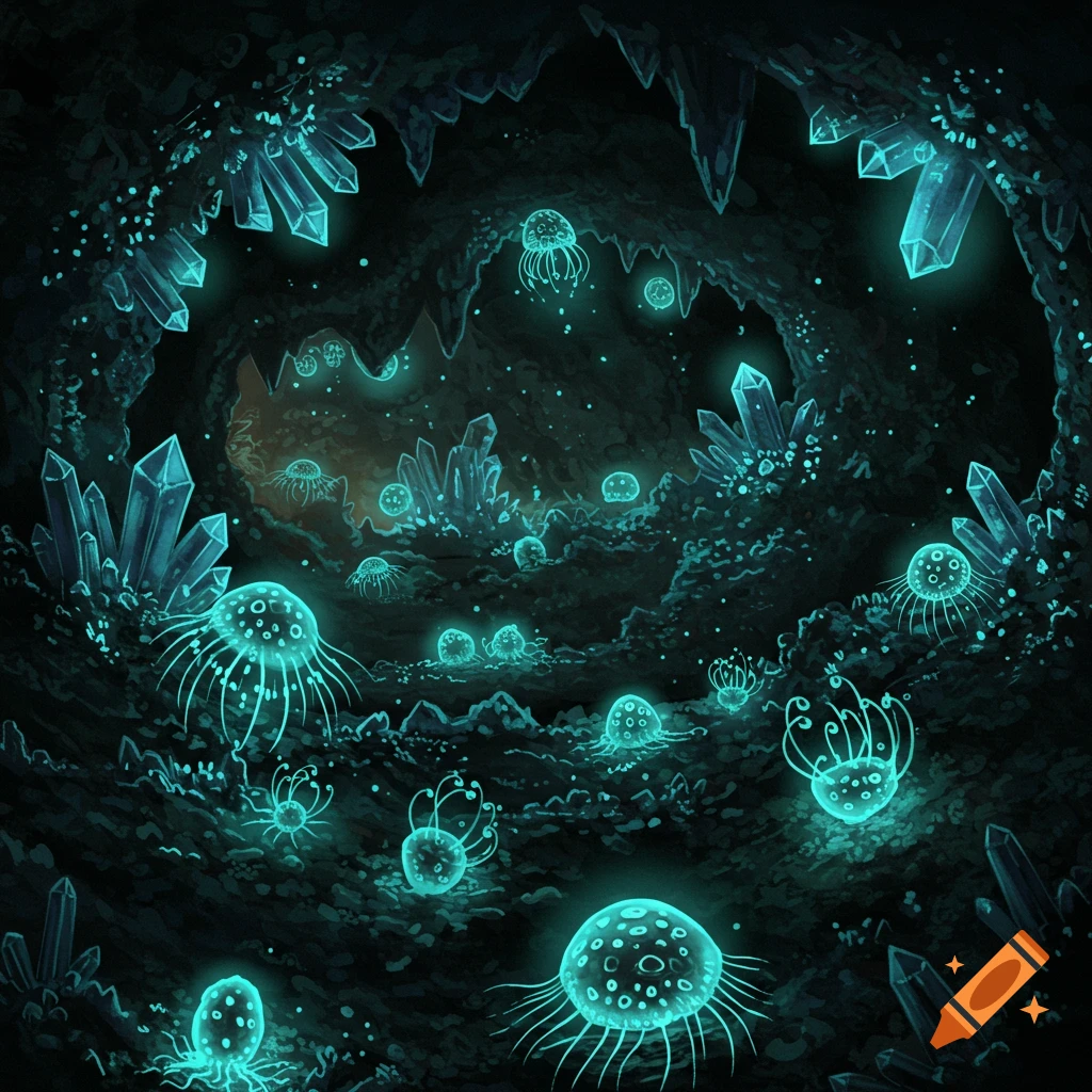Bioluminescent jellyfish-like creatures and crystals glow in a dark cave.